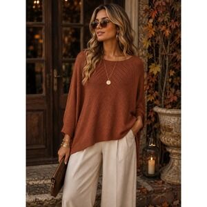 Vita Milano Woman Rust‎ Orange Chevron Pointelle Dolman Knit Sweater 1X RN163742